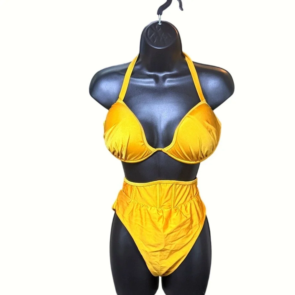 Andrea Iyamah Gura Bikini Set Mustard Yellow XL High Waist Underwire Halter